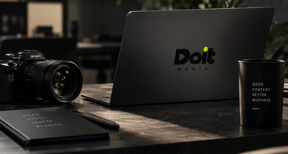 Үстелдегі камера және Doit Media логотипі бар ноутбук